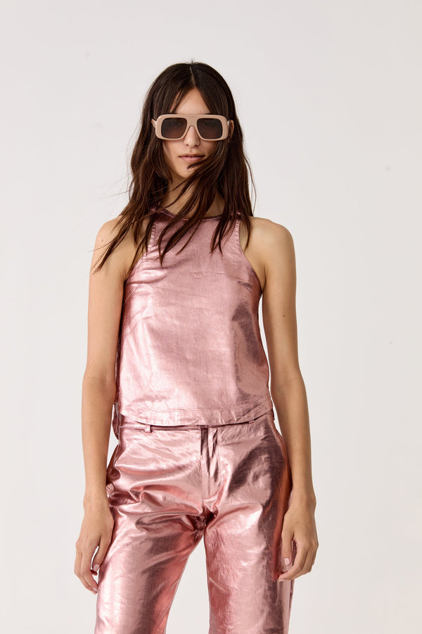 Loto Metallic Linen Top - Metallic Peach Fuzz