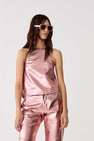 Loto Metallic Linen Top - Metallic Peach Fuzz