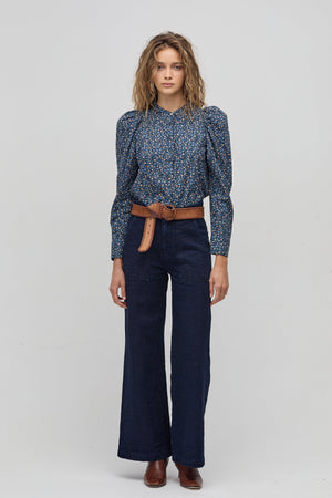 Lilium Poplin Shirt - Blue Ditsy Flowers