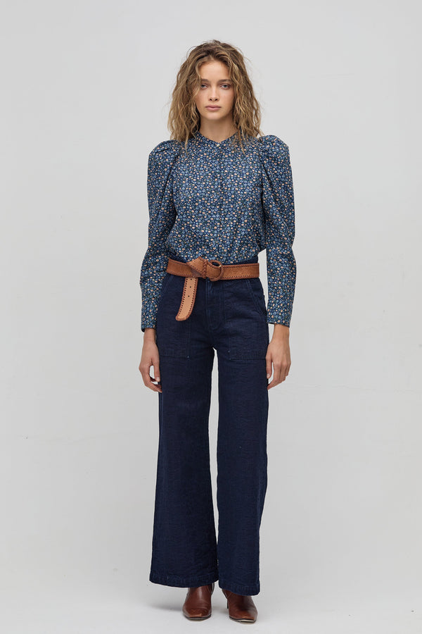 Lilium Poplin Shirt - Blue Ditsy Flowers