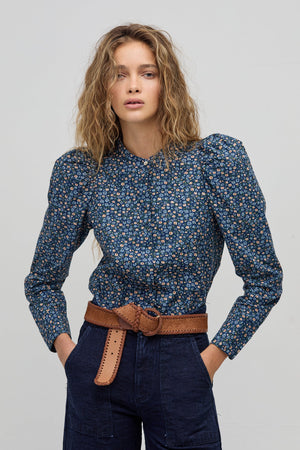 Lilium Poplin Shirt - Blue Ditsy Flowers