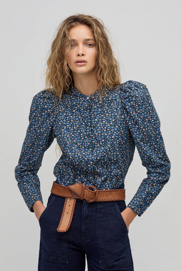 Lilium Poplin Shirt - Blue Ditsy Flowers