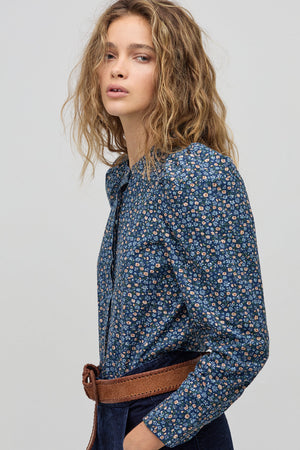 Lilium Poplin Shirt - Blue Ditsy Flowers