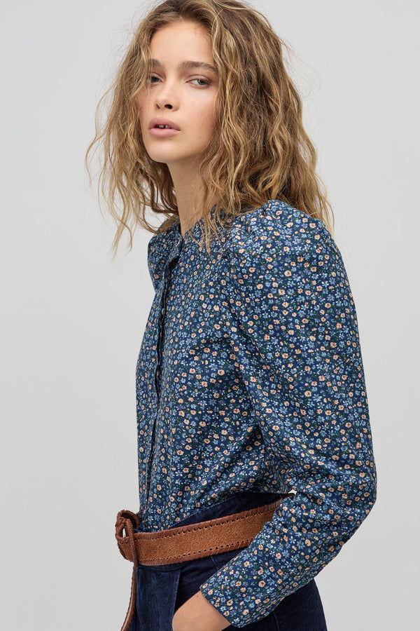 Lilium Poplin Shirt - Blue Ditsy Flowers