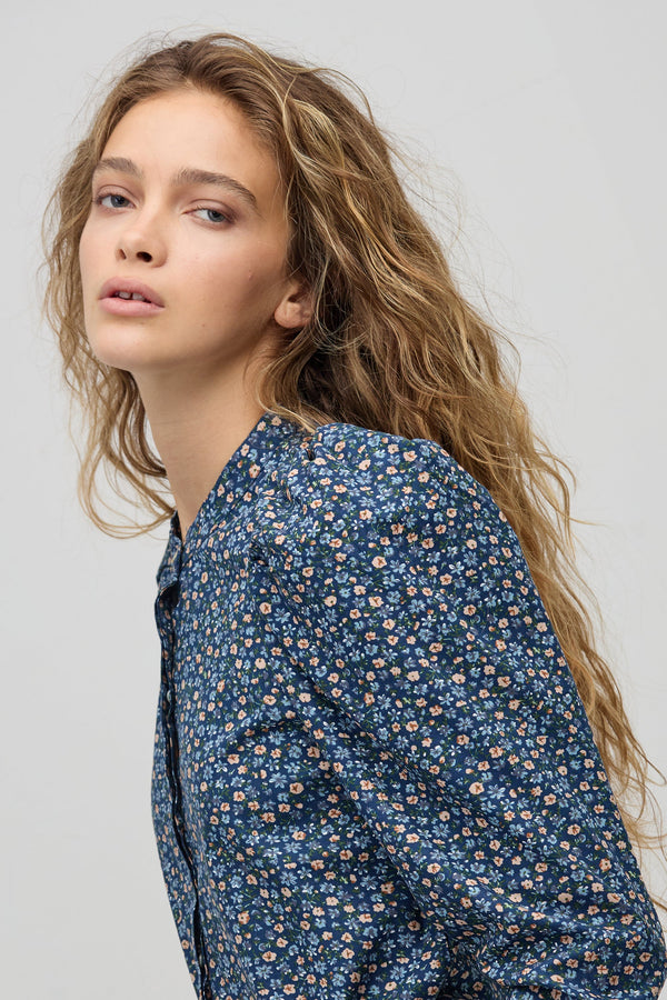 Lilium Poplin Shirt - Blue Ditsy Flowers