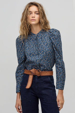 Lilium Poplin Shirt - Blue Ditsy Flowers