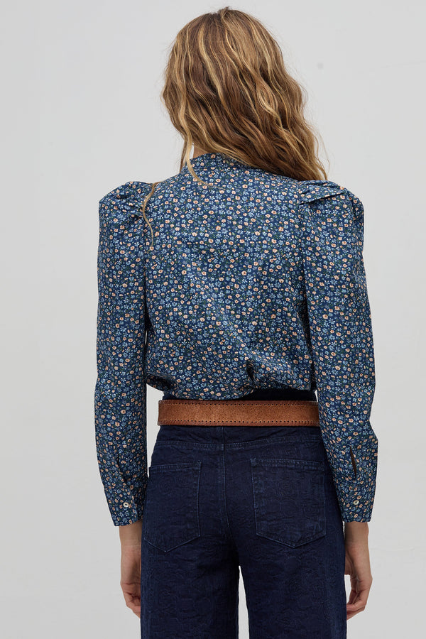 Lilium Poplin Shirt - Blue Ditsy Flowers