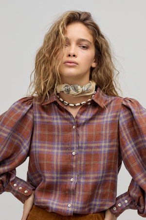 Camille Linen Shirt - Hazelnut Checks