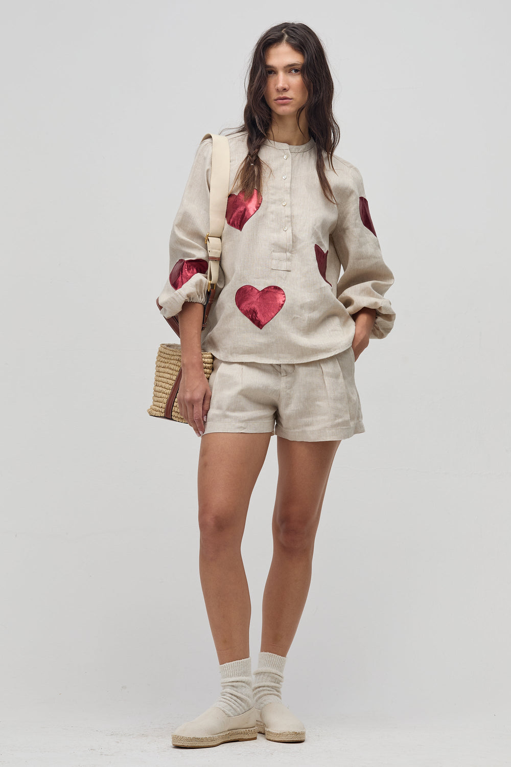 Cupid Linen Shirt - Natural with Metallic Cherry Hearts