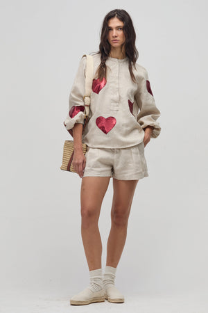 Cupid Linen Shirt - Natural with Metallic Cherry Hearts