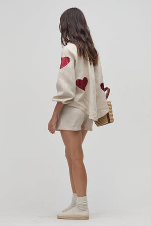 Cupid Linen Shirt - Natural with Metallic Cherry Hearts