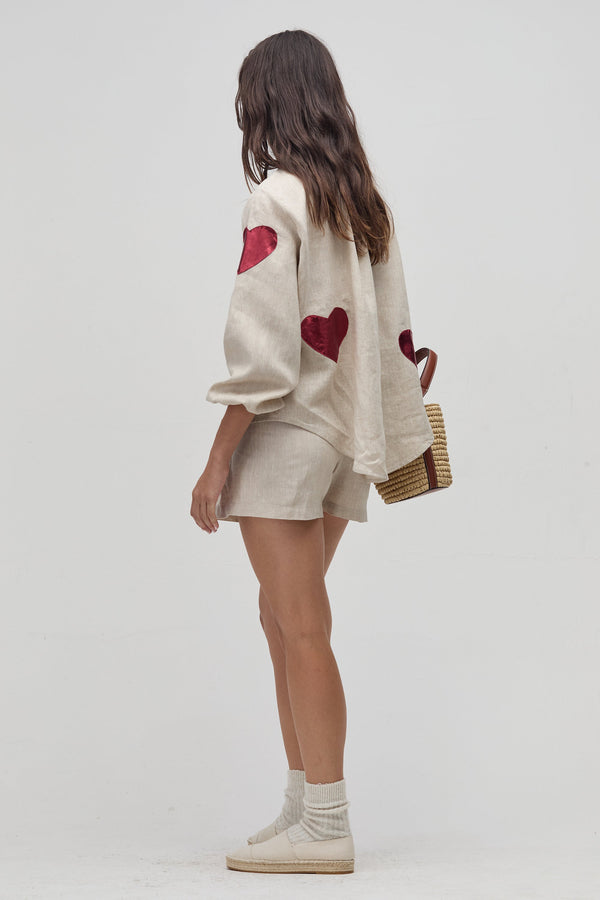 Cupid Linen Shirt - Natural with Metallic Cherry Hearts