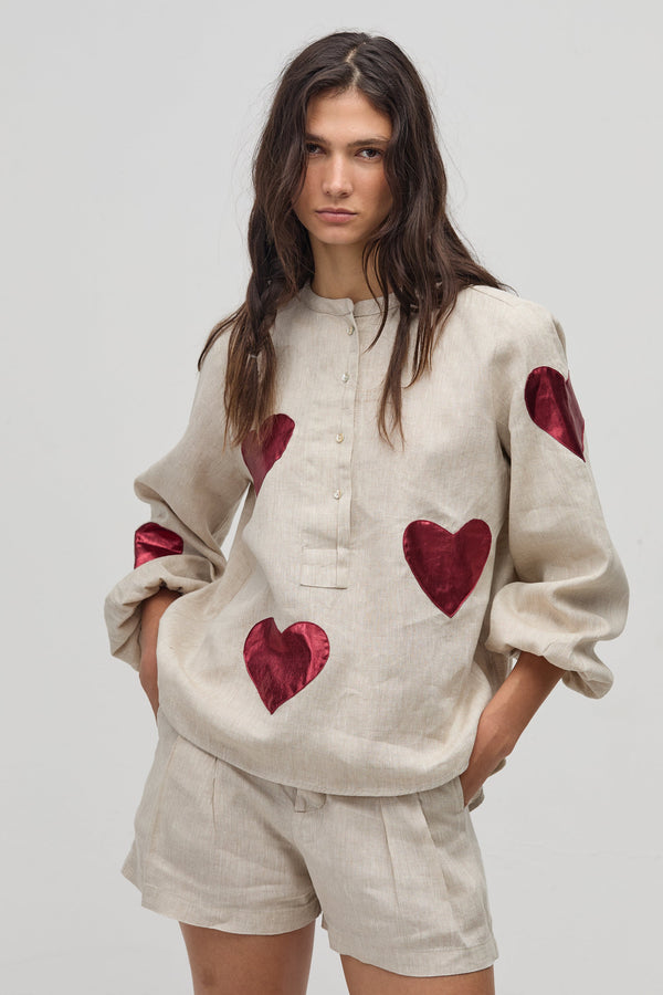 Cupid Linen Shirt - Natural with Metallic Cherry Hearts