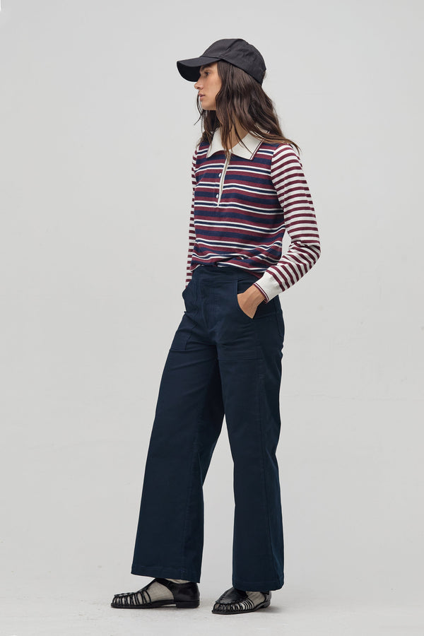 College Polo Sweater - Bordeaux and Navy Stripes