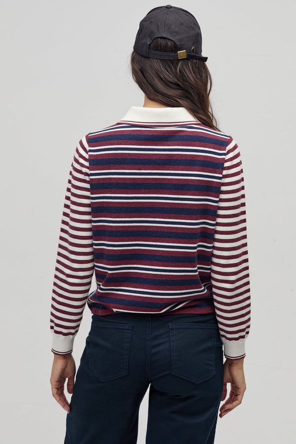 College Polo Sweater - Bordeaux and Navy Stripes