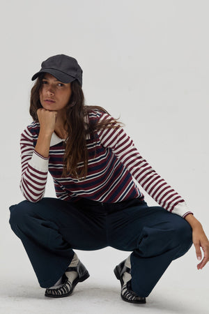 College Polo Sweater - Bordeaux and Navy Stripes