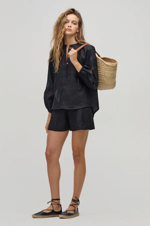 Cupid Linen Shirt - Black with Metallic Black Hearts