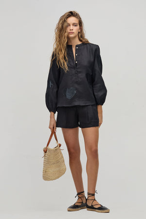 Cupid Linen Shirt - Black with Metallic Black Hearts