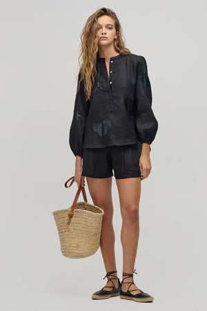 Cupid Linen Shirt - Black with Metallic Black Hearts