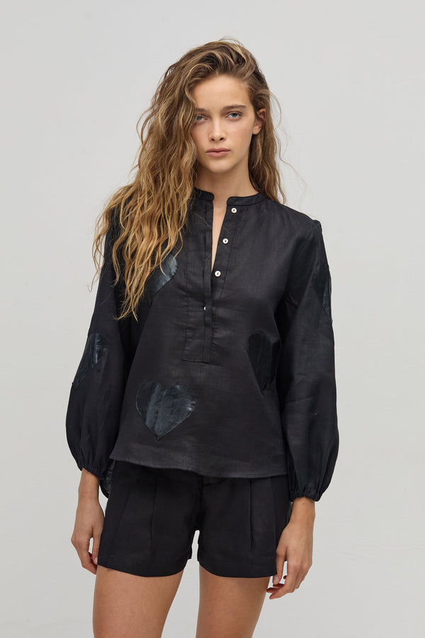 Cupid Linen Shirt - Black with Metallic Black Hearts
