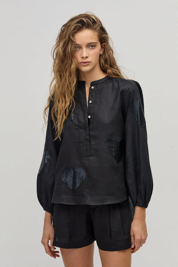 Cupid Linen Shirt - Black with Metallic Black Hearts