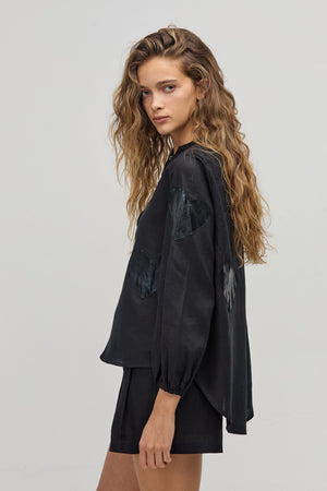 Cupid Linen Shirt - Black with Metallic Black Hearts