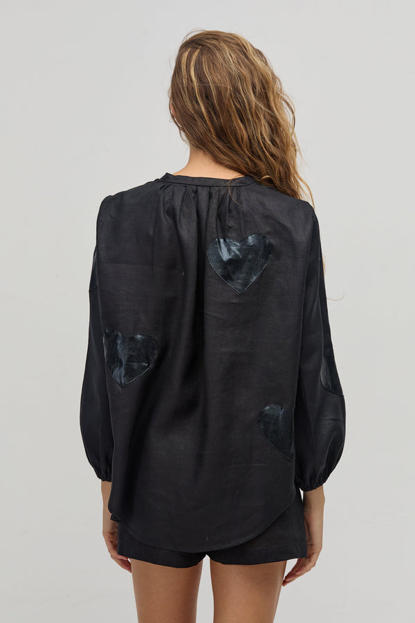 Cupid Linen Shirt - Black with Metallic Black Hearts