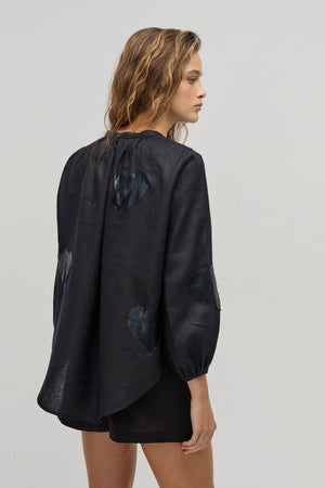 Cupid Linen Shirt - Black with Metallic Black Hearts