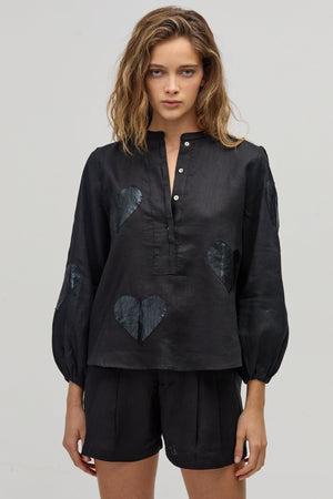 Cupid Linen Shirt - Black with Metallic Black Hearts