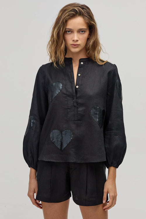 Cupid Linen Shirt - Black with Metallic Black Hearts