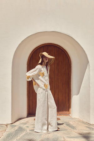 Cupid Linen Shirt - Off-White w/ Gold Hearts