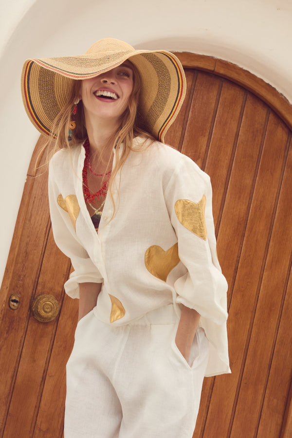 Cupid Linen Shirt - Off-White w/ Gold Hearts