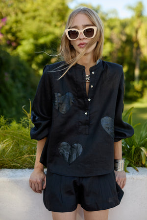 Cupid Linen Shirt - Black with Metallic Black Hearts