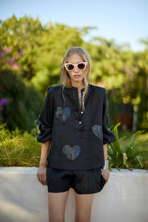 Cupid Linen Shirt - Black with Metallic Black Hearts