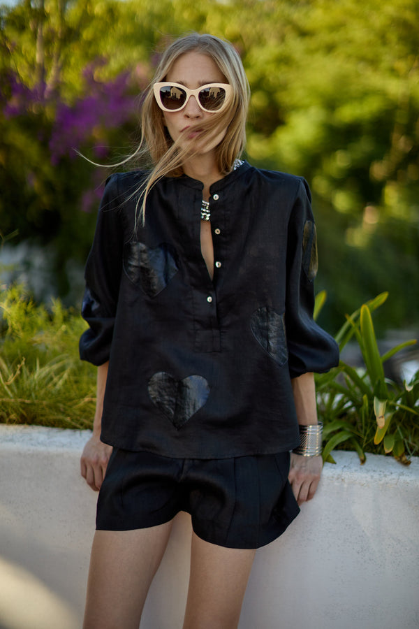 Cupid Linen Shirt - Black with Metallic Black Hearts