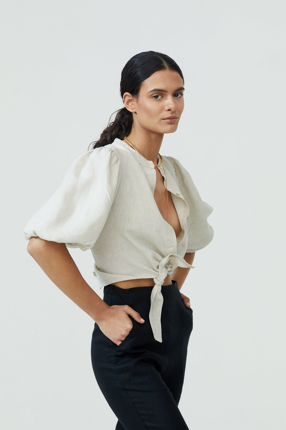 Bubble Linen Crop Top - Natural