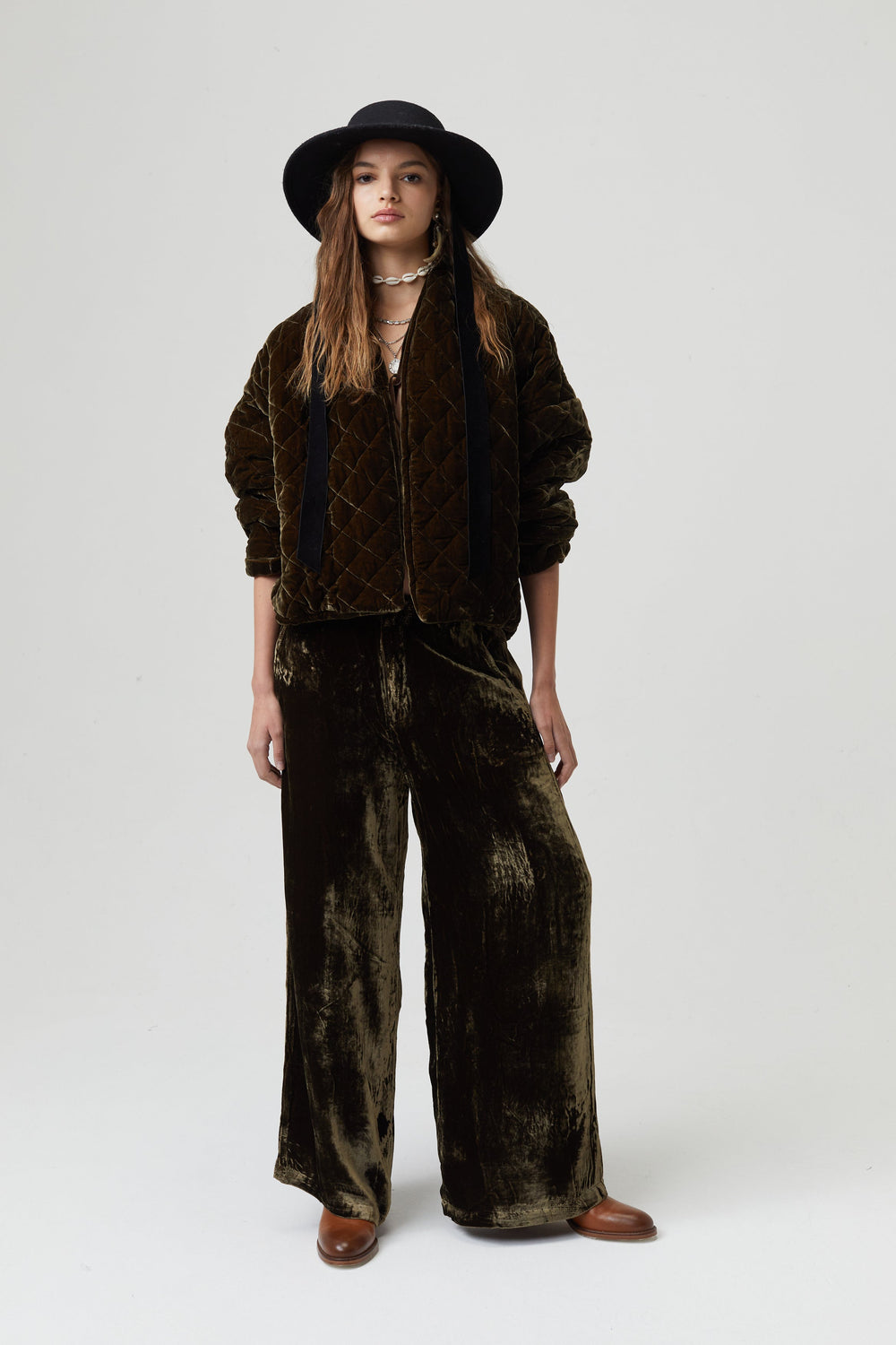 New Luna Silk Velvet Pants - Moss