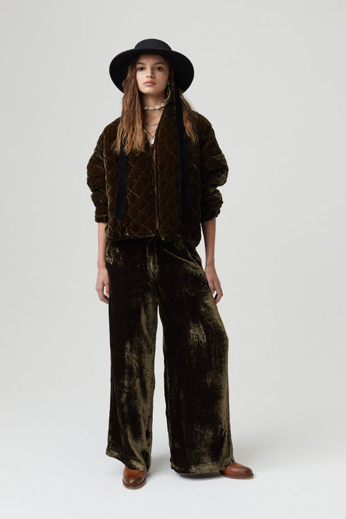 New Luna Silk Velvet Pants - Moss