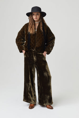 New Luna Silk Velvet Pants - Moss