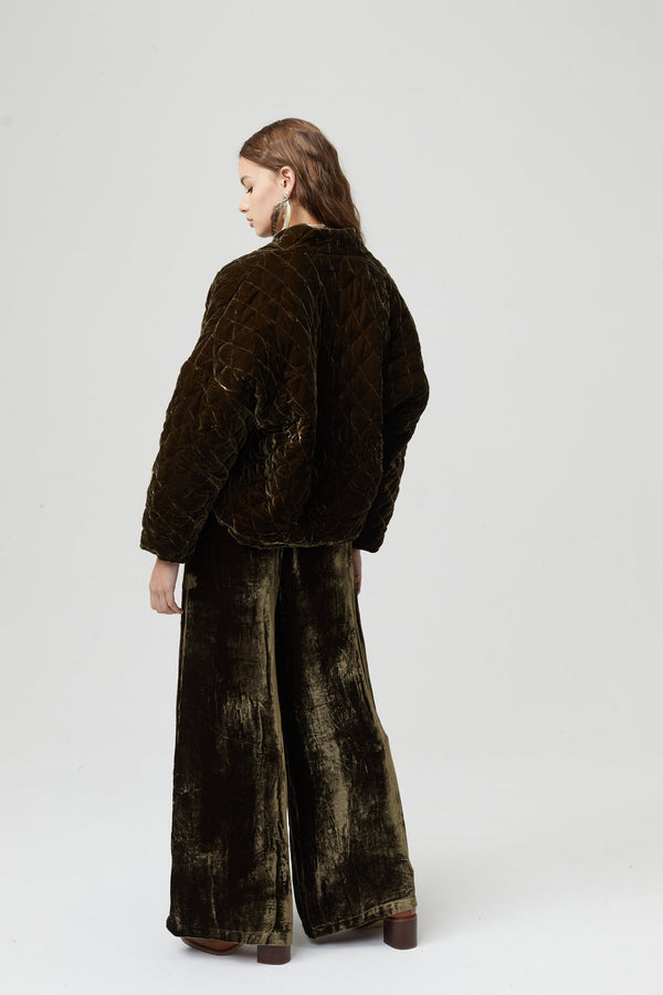 New Luna Silk Velvet Pants - Moss