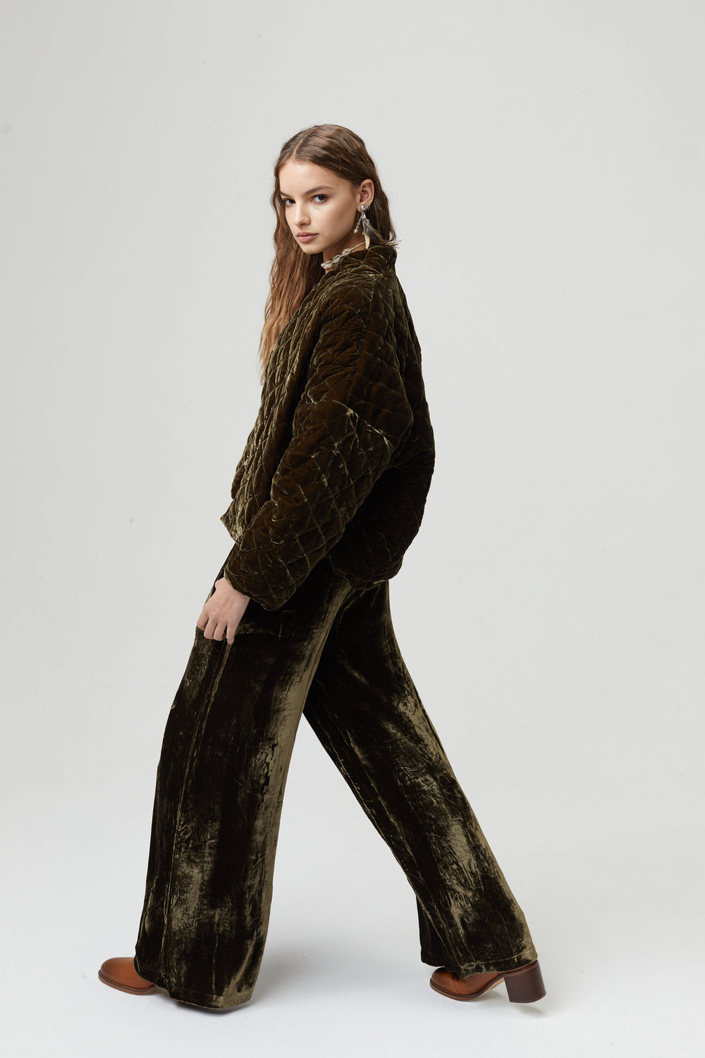 New Luna Silk Velvet Pants - Moss