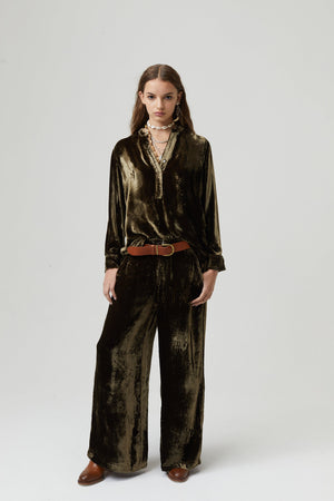 New Luna Silk Velvet Pants - Moss