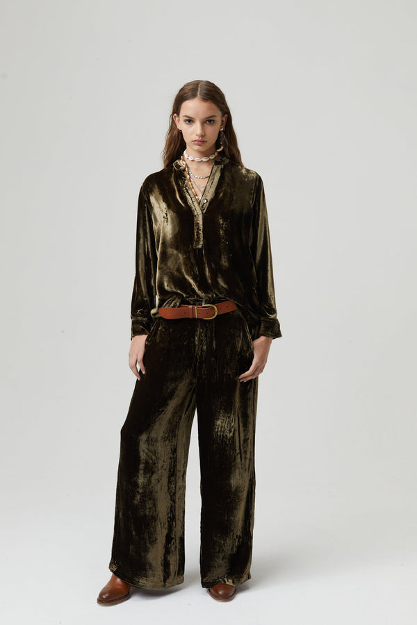 New Luna Silk Velvet Pants - Moss