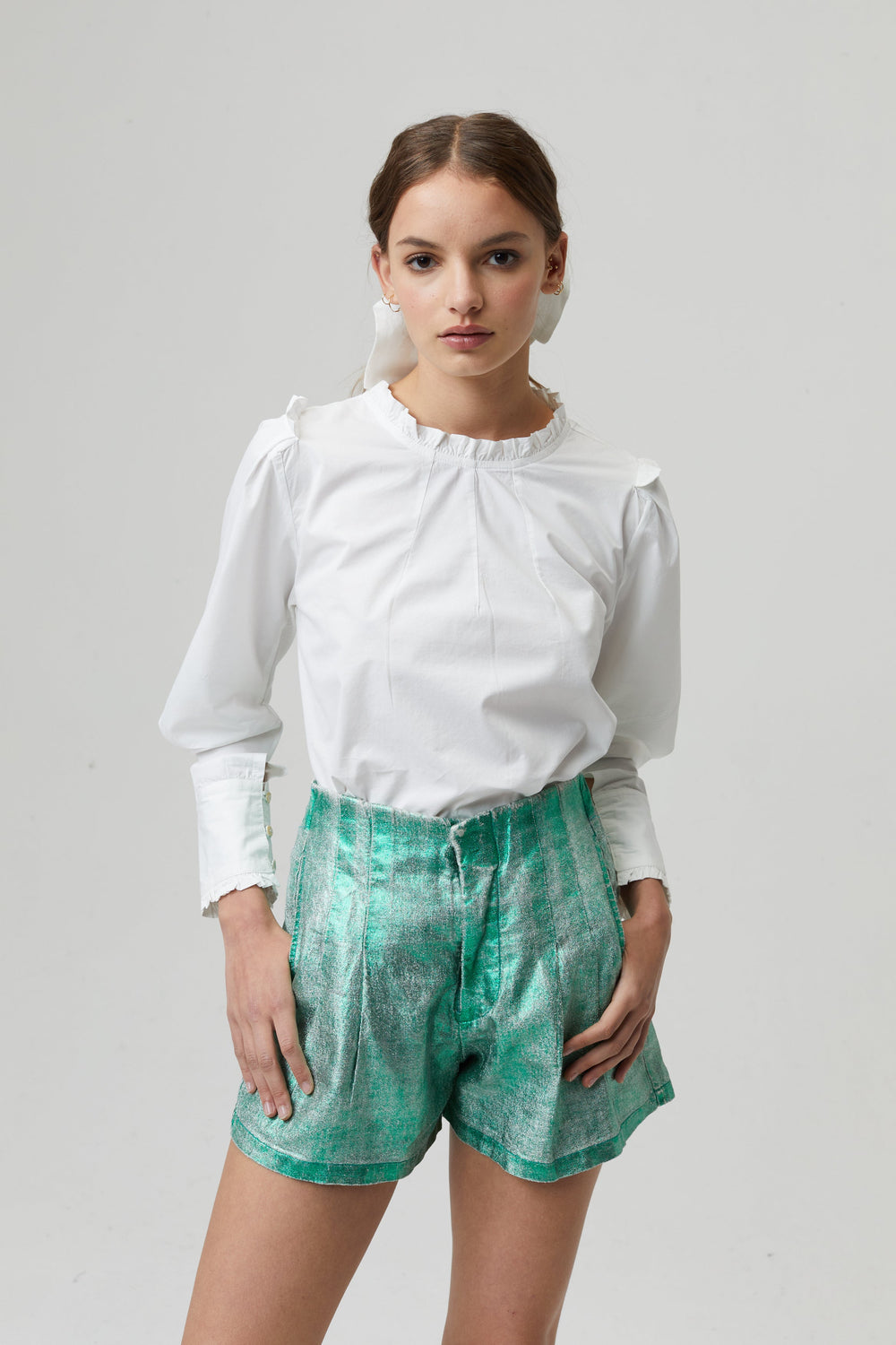 Frida Metallic Linen Shorts - Emerald Green