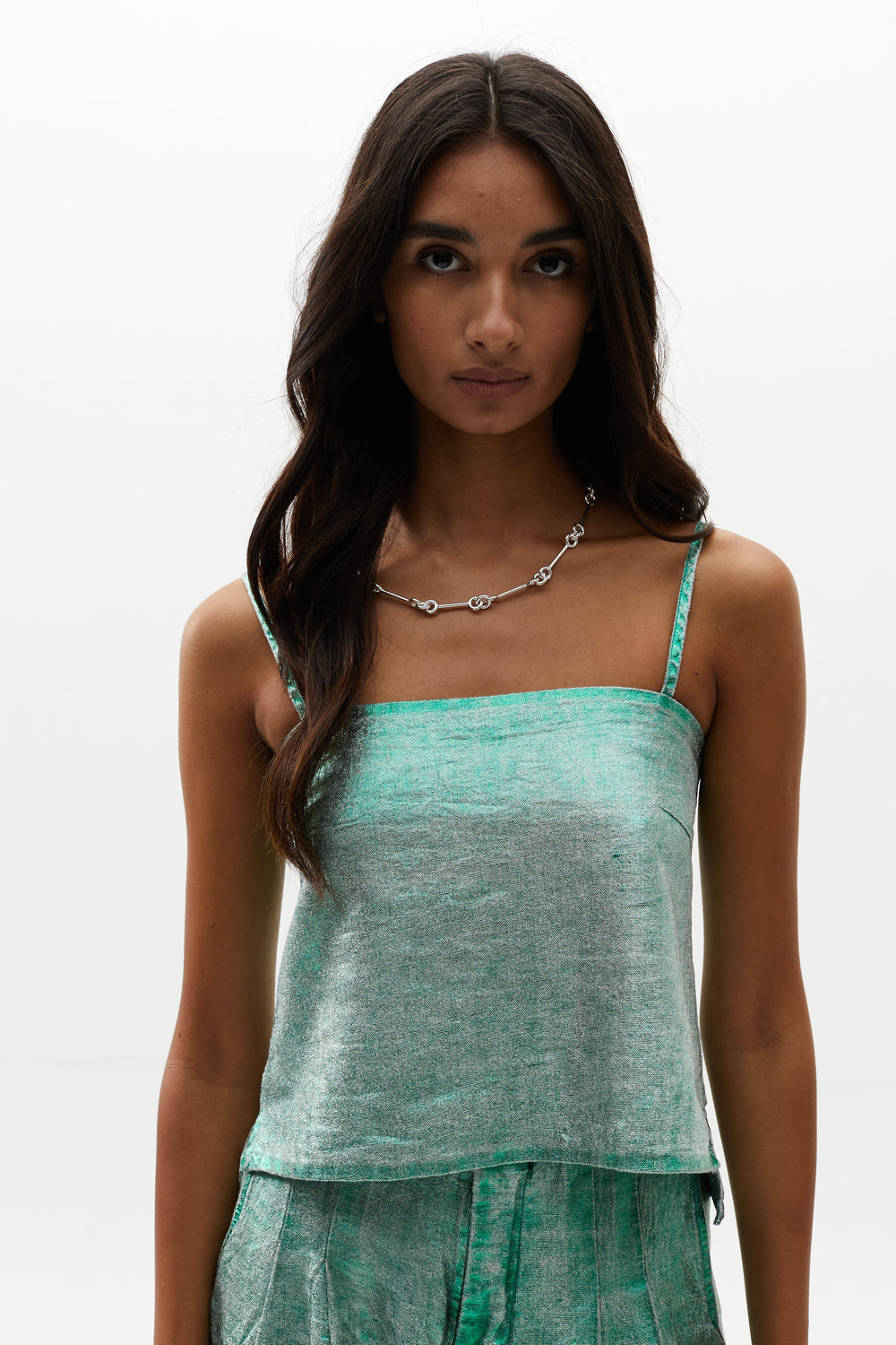 Mar Metallic Linen Top - Emerald Green