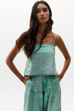 Mar Metallic Linen Top - Emerald Green