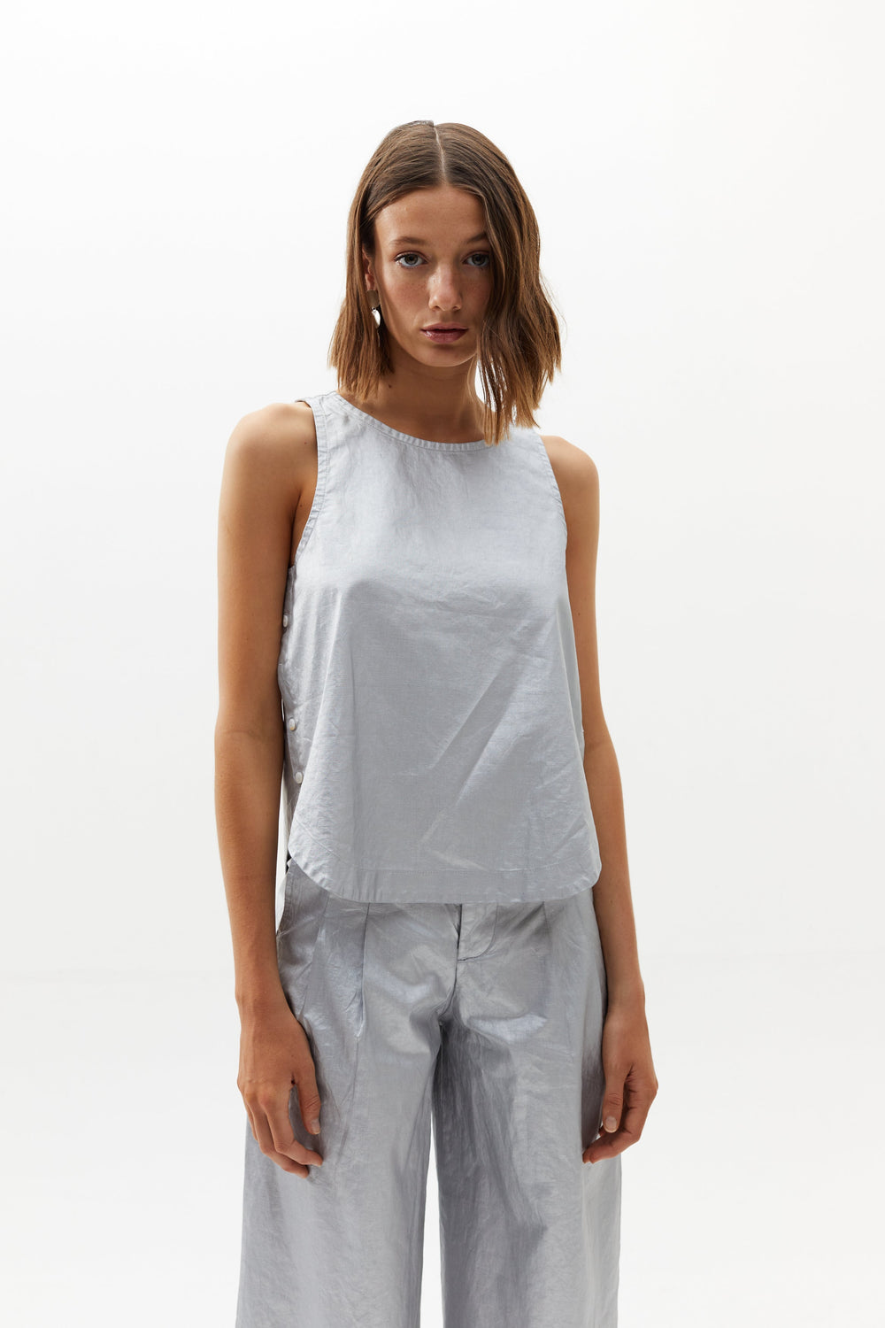 Halo Metallic Linen Top - Silver (mate)