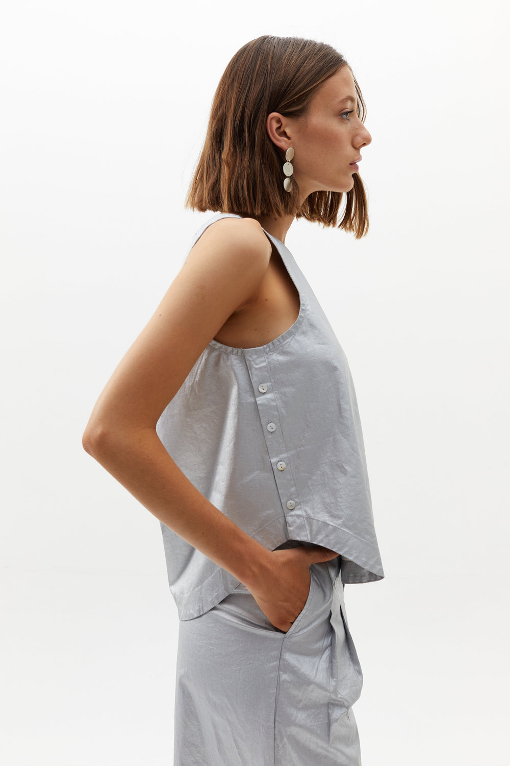 Halo Metallic Linen Top - Silver (mate)