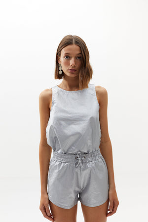 Halo Metallic Linen Top - Silver (mate)