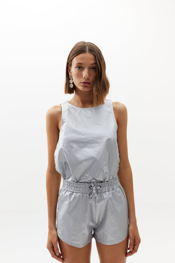 Halo Metallic Linen Top - Silver (mate)